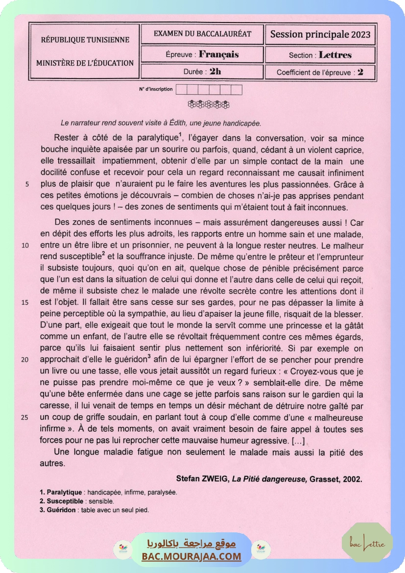 Sujet principale francais Bac 2023 – Section lettre